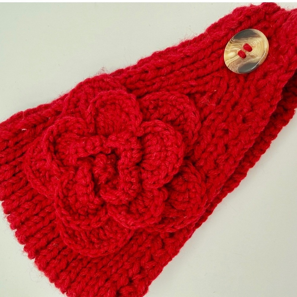 C.C Exclusives Red Chunky Knit Headband Ear Warmer Crochet Flower Button Back